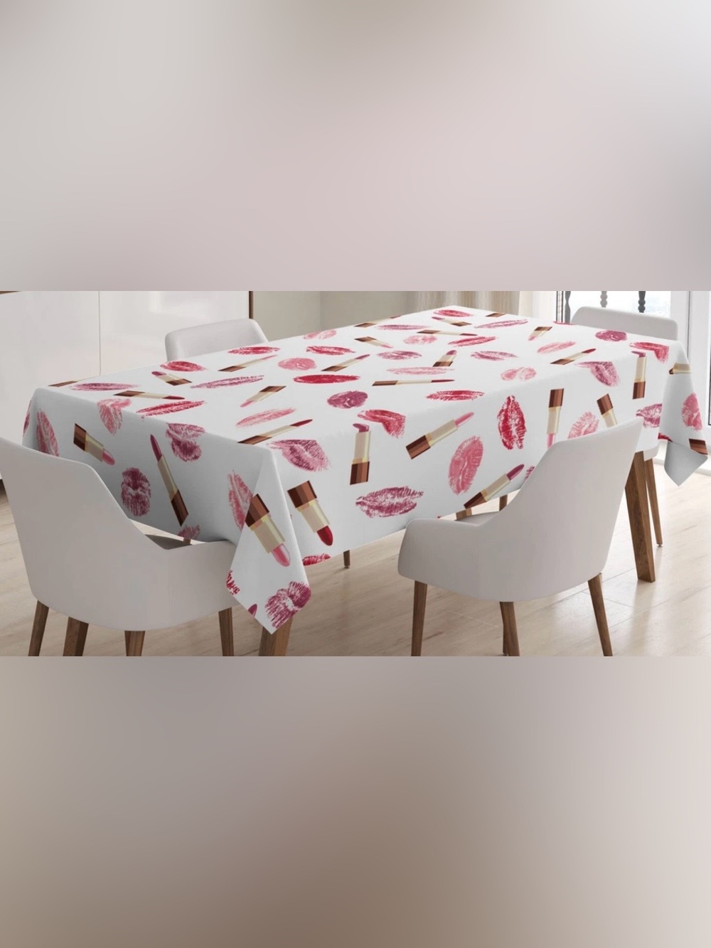 Lipstick & Lips White Satin Print Tablecloth 52”x70” & Lips Napkins 40 count